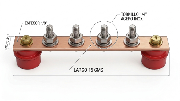 BARRAJE EQUIPOTENCIAL DE COBRE PARA PUESTA A TIERRA (1/8" x 3/4" x 15 cms)