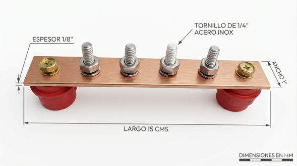 BARRAJE EQUIPOTENCIAL DE COBRE PARA PUESTA A TIERRA (1/8" x 1" x 15 cms)