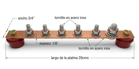 BARRAJE EQUIPOTENCIAL DE COBRE PARA PUESTA A TIERRA (1/8" x 3/4" x 20 cms)