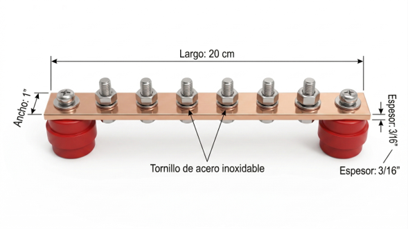 BARRAJE EQUIPOTENCIAL DE COBRE PARA PUESTA A TIERRA (3/16" x 1" x 20 cms)